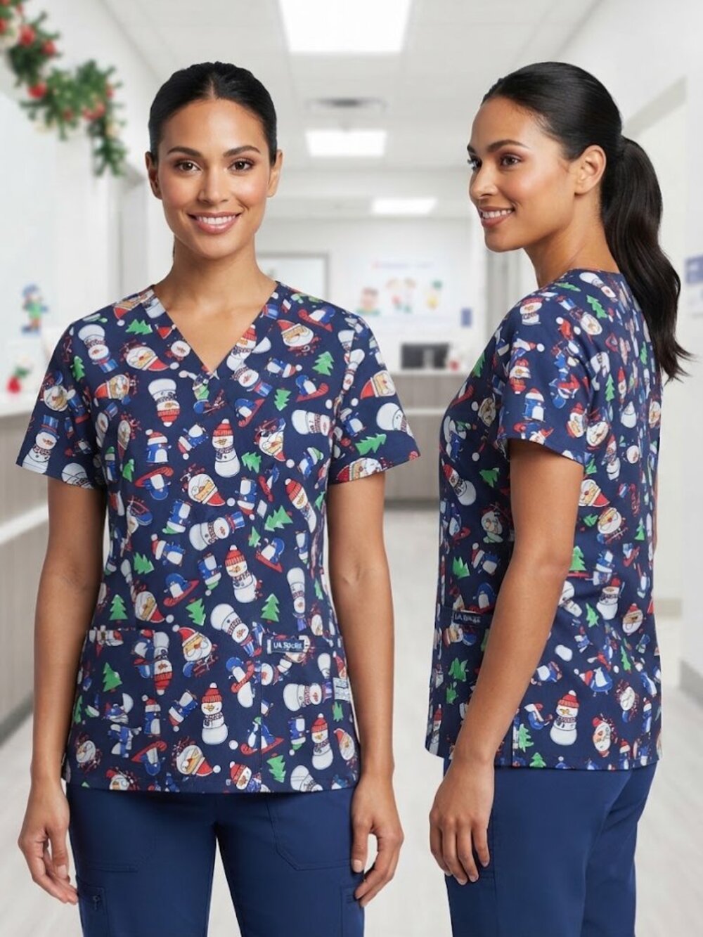 UA Scrubs Santa & Snowman Holiday Christmas Print Women's Scrub Top Size 4XL NEW